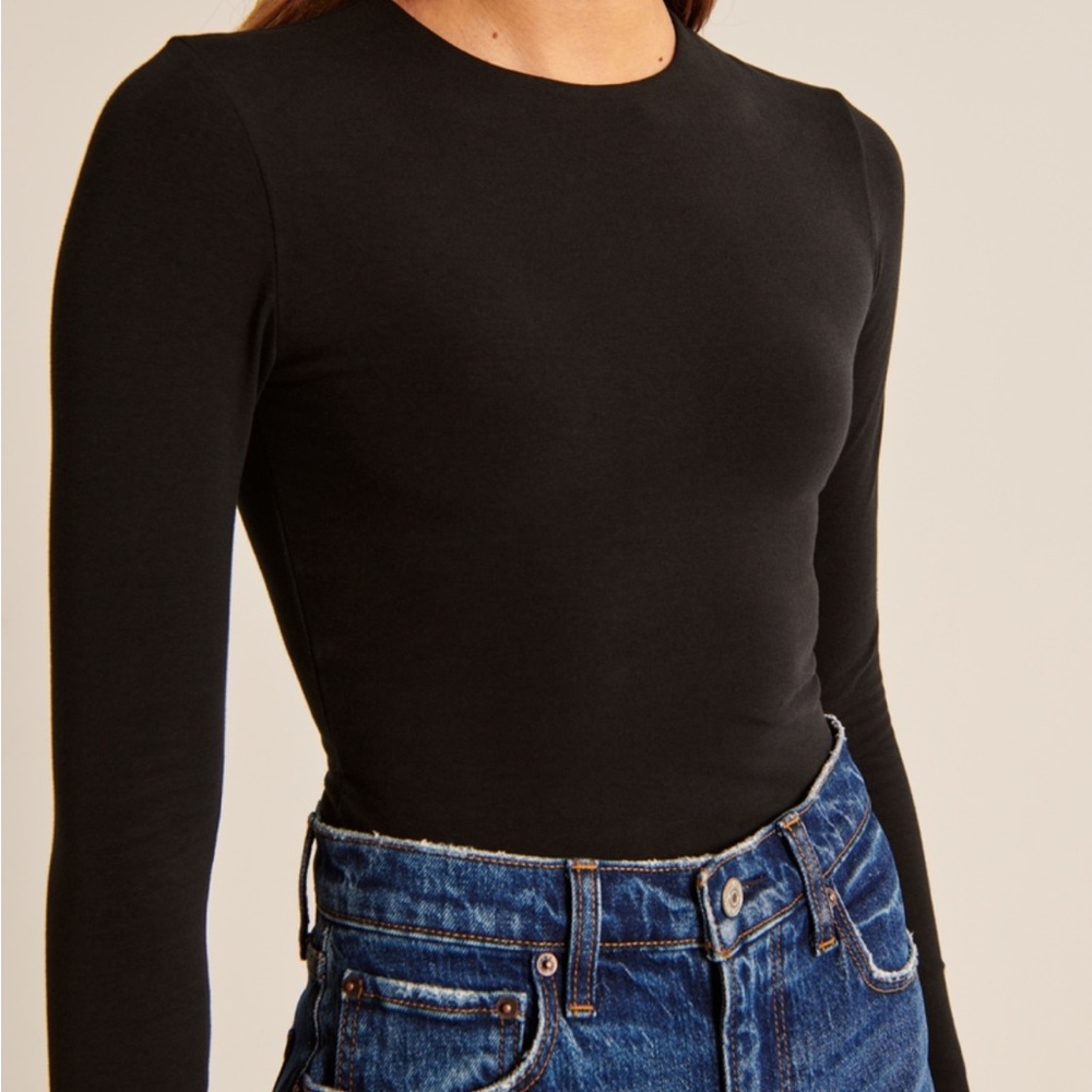 Abercrombie Long Sleeve Cotton Blend Seamless Bodysuit - Navy Blue